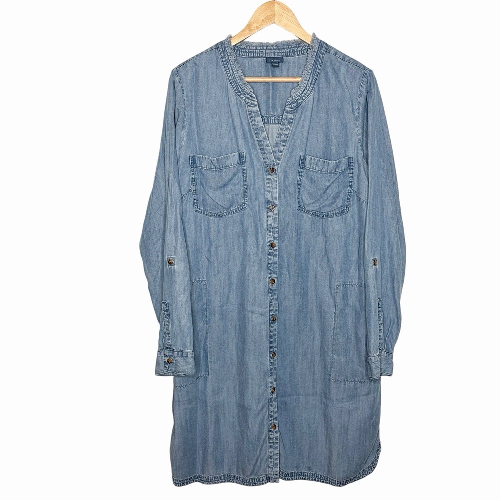 J Jill Denim Chambray Tunic Shirt Dress Womens Size L Coastal Cowgirl Western